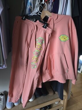 Lush 100% Organic Cotton Coral Hoodie and Joggers Set with Lime Accents